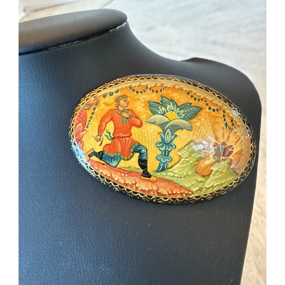 Vintage Mstyora Russian Lacquer Brooch Signed Golubyov Danila Craftsman Flower - Picture 4 of 10